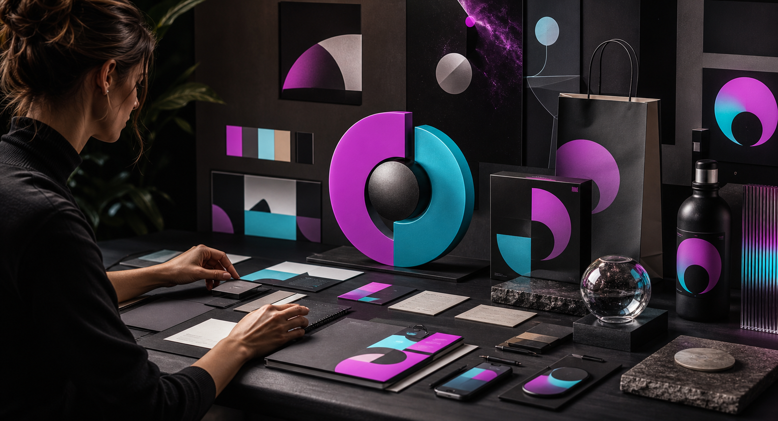 Brand designer creating a cohesive identity across packaging and digital touchpoints