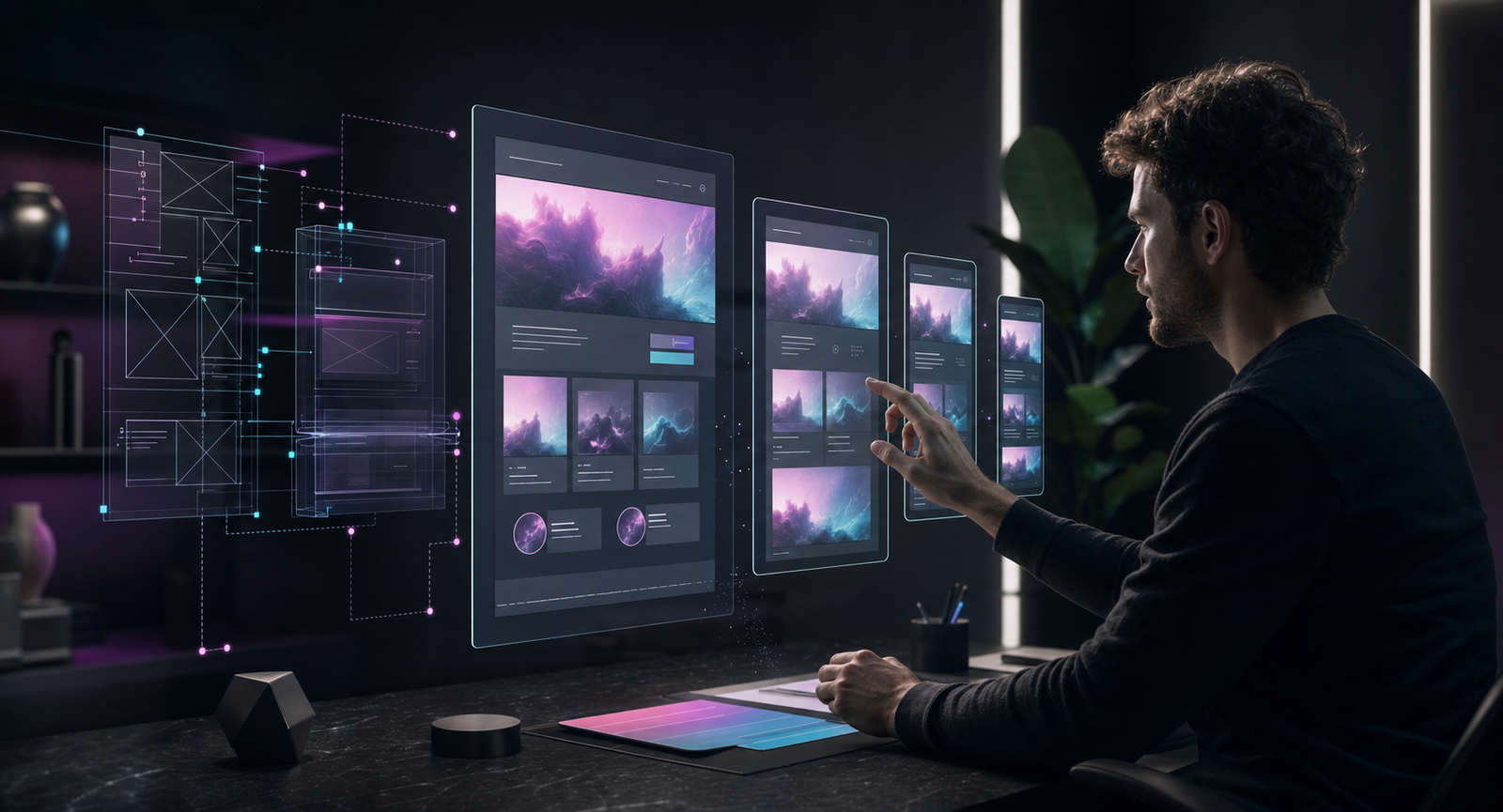 Designer building a responsive website from wireframes to polished interfaces